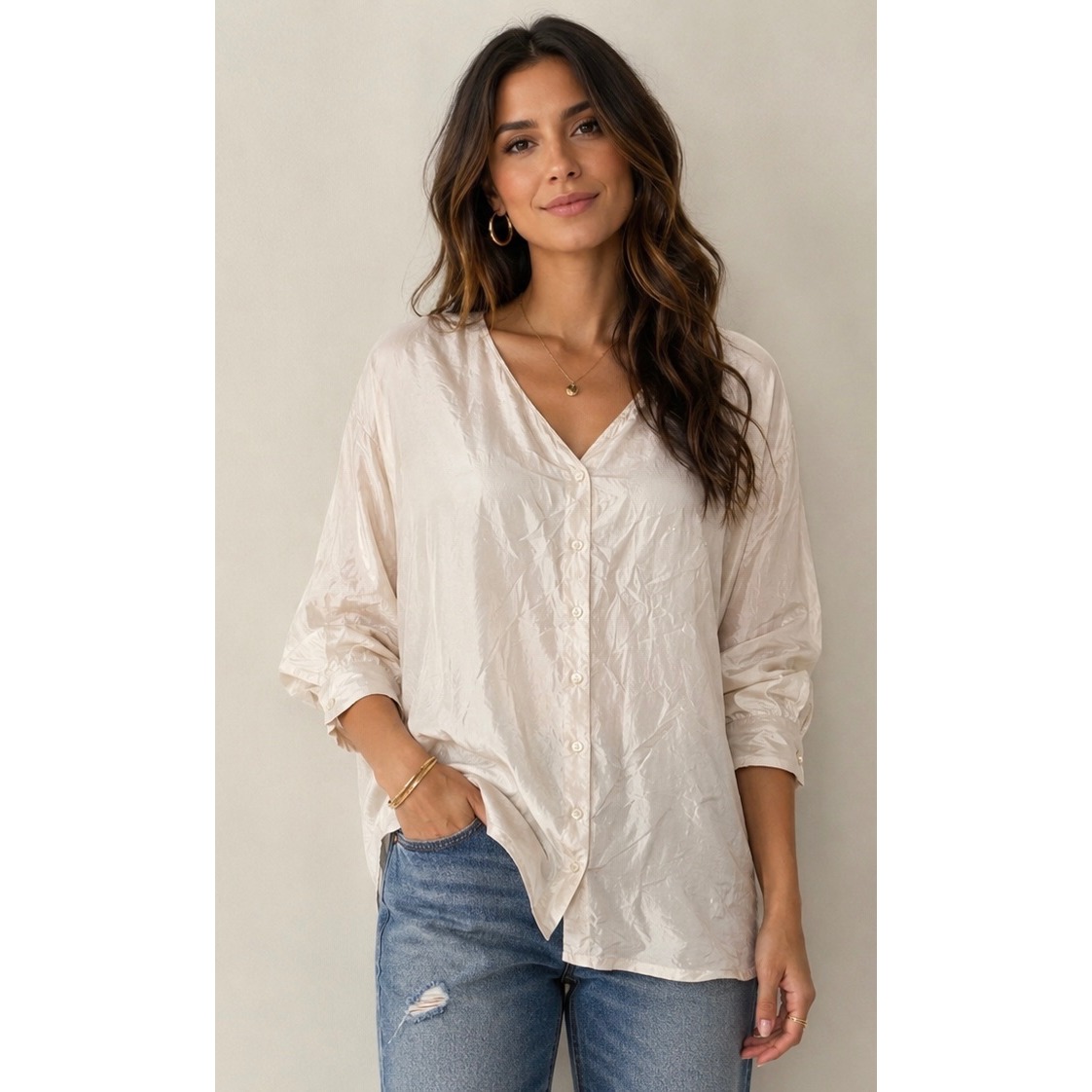 Clio 100% Silk Cream Button Down Tunic Split Back Blouse Medium Lagenlook Vintag